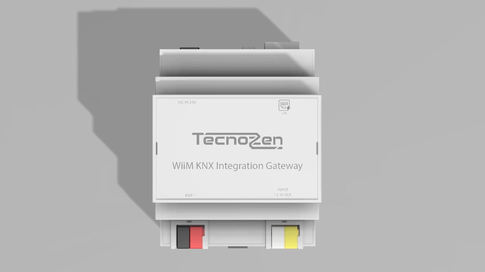 Vista frontal del KNX-WiiM Gateway con serigrafía de marca y conexiones
